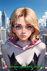 1girls ahq_hentai ai_generated blonde_hair blush bodysuit breasts gwen_stacy gwen_stacy_(spider-verse) medium_breasts on_roof patreon perfect_body spider-man_(series) spider-verse stable_diffusion