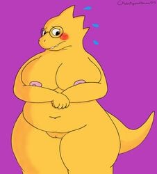 alphys anthro big_breasts breasts charizardlover97 female hi_res huge_breasts looking_at_viewer nipples nude overweight overweight_female seductive simple_background slightly_chubby solo standing thick_thighs undertale video_games voluptuous