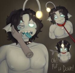 1ambiguous 1boy 3_arms 3_eyes anthro anthro_only black_collar black_hair blue_blush blue_eyes blue_skin blue_tongue blush blush_lines blushing blushing_male brown_background brown_text collar digital_media_(artwork) drooling ear_fins finger_in_another's_mouth finger_in_mouth fins fish_tail floral_mayhem leash leash_and_collar leash_pull leashed_collar light_blue_skin lure_(anatomy) male male_monster male_nipples merfolk merman middle_finger monster monster_boy monster_male multi_arm multi_eye multi_limb naked_male nipples pressure_(roblox) red_collar red_leash roblox roblox_game sebastian_solace sharp_teeth short_hair simple_background spiked_collar teary_eyes tongue tongue_out