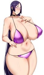 1girls areola_slip areolae arind_yudha big_breasts bikini bikini_bottom bikini_top blush bottomwear breasts cleavage fate/grand_order fate_(series) female female_only hair heart-shaped_pupils hips huge_breasts large_breasts long_hair mature mature_female mature_woman milf minamoto_no_raikou_(fate/grand_order) purple_bikini purple_eyes purple_hair solo solo_female thighs topwear