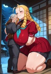 1boy1girl absurd_res absurd_resolution absurdres age_difference ai_assisted ai_generated assertive_female bike_shorts blonde_hair blush breast_press breast_smother breasts_bigger_than_head brown_eyes brown_gloves busty_female capcom character_request clothed_female clothed_male comission covered_nipples curvy_female detailed detailed_background dominant dominant_female domination fingerless_gloves front_view giantess gloves hairbow height_difference high_resolution highres huge_ass huge_breasts indoors karin_kanzuki kneeling kneeling_female large_breasts midriff mini_giantess mommy mommy_dom mommy_kink neckerchief night pampering pleated_skirt puffy_sleeves request sailor_collar shirt short_sleeves shrine size_difference skirt smaller_male smirk street_fighter submissive submissive_male taller_female taller_girl thick_thighs voluptuous_female wide_hips