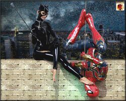 1boy 1girls barefoot batman_(series) batman_returns catwoman crossover dc dc_vs._marvel feet female female_domination femdom foot_fetish foot_worship human human_only iron_spider latex male marvel marvel_cinematic_universe selina_kyle spider-man spider-man_(series) straight toes