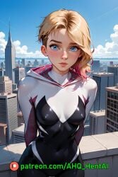 1girls ahq_hentai ai_generated blonde_hair blush bodysuit breasts gwen_stacy gwen_stacy_(spider-verse) medium_breasts on_roof patreon perfect_body spider-man_(series) spider-verse stable_diffusion