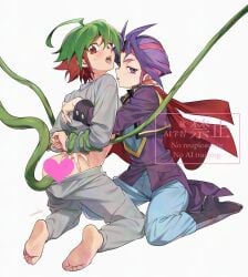 2boys anal arms_behind_back coat green_hair grey_pants grey_shirt highres joeri_(yu-gi-oh!) kneeling lunapont medium_hair multiple_boys pants purple_coat purple_eyes purple_hair red_eyes red_hair restrained sakaki_yuya shirt short_hair simple_background tentacle tentacle_sex white_background yaoi yu-gi-oh! yu-gi-oh!_arc-v yuri_(yu-gi-oh!_arc-v) yuya_sakaki