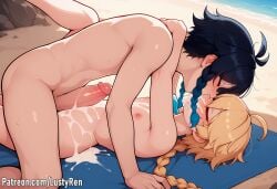 2boys aether_(genshin_impact) ai_generated cum cum_on_body cum_on_face femboy femboy_on_femboy genshin_impact kissing large_penis lustyren penis venti_(genshin_impact)