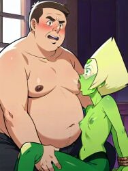 1boy 1girls ai_generated bondage fat_man femsub forced green_skin maledom moobs peridot_(steven_universe) rape scared small_breasts steven_universe sucking_male_nipple suckling tears