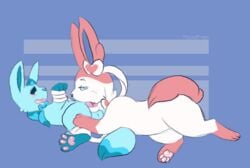 1boy 3_toes ambiguous_gender animated ass big_ass big_ears blowjob blue_background blue_eyes blue_fur blush bondage cheek_bulge duo eeveelution feet fellatio feral feral_on_feral forced fur genitals glaceon half-closed_eyes knot legs_tied long_ears male mammal nintendo nude on_back on_top open_mouth oral oral_penetration original_character pawpads paws penetration penis penis_in_mouth pink_fur pocketpaws pokémon_(species) pokemon pokemon_dppt pokemon_xy ribbonjob ribbons saliva size_difference smaller_male spread_legs spreading sylveon tail testicles text thick_thighs tongue tongue_out tongue_out_blowjob video_games watermark wet white_fur wide_hips