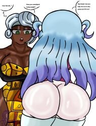 2girls ass ass_focus back_view big_breasts big_butt breasts bubble_butt dark_skin dark_skinned_female dat_ass dialogue dress duo female female_focus female_only its_archville king_of_greed light-skinned_female light_skin lobotomy_corporation partially_clothed project_moon queen_of_hatred self_upload signature thick_thighs thighhighs thighs