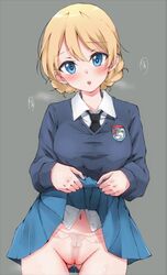 1girls amego anatomy ass ass_visible_through_thighs bangs black_neckwear blonde_hair blue_eyes blue_skirt blue_sweater blush braid breasts clothing collared_shirt darjeeling emblem fallopian_tubes female girls_und_panzer grey_background groin highres legs_together lifted_by_self long_sleeves looking_at_viewer navel necktie no_panties open_mouth ovaries pleated_skirt pussy pussy_juice school_uniform shiny shiny_skin shirt short_hair simple_background skirt skirt_lift solo st._gloriana's_(emblem) st._gloriana's_school_uniform standing sweater swept_bangs tareme thighs uniform uterus white_shirt wide_hips x-ray