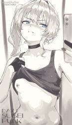 black_and_white cute hololive hoshimachi_suisei nipples selfie shirt_lift short_hair silly_cutie small_breasts sunsetskyline virtual_youtuber