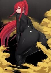 ass big_breasts bodysuit erza_scarlet fairy_tail fart fart_cloud farting gigantic_ass jiggle_butt_gang misago_(artist) ponytail red_hair skin_tight smile