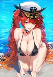 1girls ai_generated azur_lane big_breasts bikini breasts female female_focus honolulu_(azur_lane) huge_breasts large_breasts light-skinned_female long_hair navel red_eyes red_hair thick_thighs thighs twintails