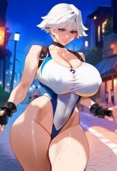 2d ai_generated big_breasts christie_(doa) dead_or_alive female female_focus female_only highleg leotard night outdoors solo solo_female solo_focus tagme white_hair