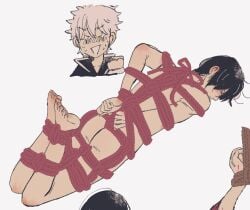 2boys arms_behind_back black_hair blush bondage bondage butt_crack emaru_maru feet full_body gay gintama gintoki_sakata looking_back male male_only nude on_stomach rope rope_bondage rope_harness solo_focus takasugi_shinsuke white_hair yaoi