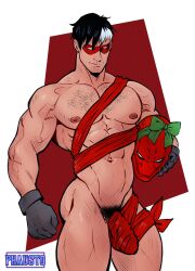 abs bara batman_(series) big_pecs chest_hair dc dc_comics gloves hairy hairy_chest hairy_male jason_todd male male_focus male_only mask meme meme_reference muscular muscular_male nipples nude_guy_wrapped_in_ribbons_standing_(meme) pecs penis_outline phausto pubes pubic_hair red_hood_(dc) red_ribbon ribbon solo solo_male