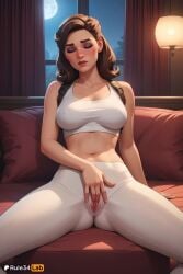 , 1girls ai_generated artist_name breasts brown_hair captain_carter cleavage closed_eyes collarbone covered_nipples curtains eyeshadow female_masturbation fingering full_moon hi_res indoors large_breasts lips long_hair makeup marvel marvel_comics masturbation medium_hair moon navel night pants peggy_carter pillow pussy rule34lab sitting solo spread_legs spread_pussy uncensored what_if...? window