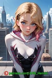 1girls ahq_hentai ai_generated blonde_hair blush bodysuit breasts gwen_stacy gwen_stacy_(spider-verse) marvel medium_breasts on_roof patreon perfect_body spider-man_(series) spider-verse stable_diffusion