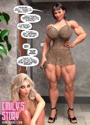 1futa 1girls 3d black_hair blonde_hair cum cum_on_face dialogue female futanari kinky_rocket muscular muscular_futanari penis text veiny_penis