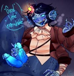 2_penises 3_arms 3_eyes 4_fingers anonymous bandaged_arm black_hair blue_background blue_blush blue_cum blue_eyes blue_penis blue_precum blue_skin blue_tail blue_text blue_tongue blush blushing blushing_at_viewer blushing_male brown_jacket dark_blue_background dark_blue_tail digital_media_(artwork) ear_fins facial_hair fishtail genital_slit hand_on_penis jabot jacket light_blue_skin looking_at_viewer lure_(anatomy) male male_only merfolk merman multi_arm multi_eye multi_genitalia multi_limb precum precum_drip precum_on_penis pressure_(roblox) scales sebastian_solace sharp_teeth short_hair simple_background solo solo_male steamy_breath straps sweatdrop