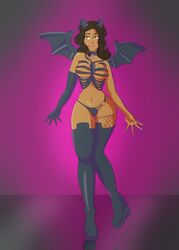 breasts brown_hair cutequeenoftheseas dark_skin demon_girl female female_only fishnets gloves goth horns long_hair long_nails nipples original_character panties succubus thick_thighs tights wings