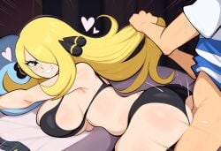 age_difference ambiguous_penetration big_breasts bra cynthia_(pokemon) hearts_around_head mullon pokemon pulling_hair satoshi_(pokemon) thick_ass