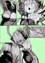 1girls areolae blush breasts defeated defeated_heroine erupusai2 exposed exposed_breasts female female_only hi_res highres milking milking_breasts milking_tentacles monochrome multiple_views nipples one-punch_man ripped_clothing solo solo_female tatsumaki tentacle tentacle