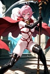 ai_generated bondage boobs breasts cape golden_sun karst_(golden_sun) navel nipples pink_hair pink_pubic_hair pointy_ears pubic_hair scythe shibari short_hair thigh_boots vaginal_fluids vaginal_juices