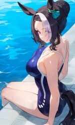 ai_generated animal_ears black_hair breasts bun_hair bun_ponytail female horse_girl medium_hair mejiro_ramonu_(umamusume) multicolored_hair purple_eyes swimsuit umamusume umamusume_pretty_derby