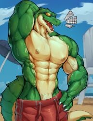 abs absurd_res anthro barazoku biceps big_muscles bodily_fluids claws clothed clothing crocodile crocodilian flexing genitals hi_res league_of_legends male mammal mixterart muscular muscular_anthro muscular_male muscular_thighs nipples partially_clothed pecs penis pool_party_renekton renekton reptile riot_games scales scalie serratus simple_background solo sweat swimming_trunks swimwear tail tencent triceps vein veiny_muscles veiny_penis