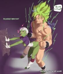 1boy :d against_wall blonde_hair breasts broly_(dragon_ball_super) cheelai clenched_hands colored_skin completely_nude dragon_ball dragon_ball_super dragon_ball_super_broly english_text female from_side gloves green_skin heart highres leaning_forward nipples nude short_hair smile smollb_nsfw speech_bubble straight tongue tongue_out white_gloves white_hair