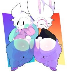 2boys anthro ass ass_to_ass big_ass bottom_heavy bunny femboy hoodie huge_breasts konaditto shortstack squashortstacks sweater thick_thighs