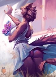 abstract_background anthro ass beastars bottomwear bouquet breasts butt_focus canid canine canis cheeky_panties clothing dress female flower humanoid juno_(beastars) kaislair low-angle_view mammal panties pinup plant pose romantic side_boob skirt solo underskirt underwear wolf