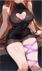 1girls ai_generated black_dress bodycon_dress brown_hair destiny_(game) destiny_2 fanart female female_focus female_only heart-shaped_cutout melonprime minidress parted_bangs self_upload sexy sitting sleeveless_dress smooth_thighs thigh_straps thighs zavalr