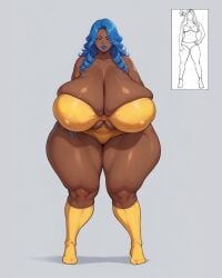 ai_generated big_ass blue_hair cleavage dark_skin female_only huge_breasts massive_breasts nipple_bulge ponderousorbs tagme thick_thighs voluptuous_female white_background wide_hips yellow_eyes