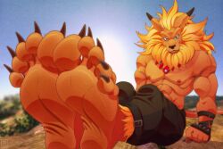 2023 3rdharleyjoe 5_fingers 5_toes anthro anthro_male bandai_namco barefoot black_bottomwear black_clothing black_pants blue_eyes bottomwear claws clothed clothing digimon digimon_(species) digital_media_(artwork) feet felid fingers foot_fetish foot_focus furry furry_male hi_res humanoid_feet leomon lion looking_at_viewer male mammal muscular muscular_anthro muscular_male orange_body outside pantherine pants plantigrade sitting soles solo solo_male toe_claws toes topless topless_anthro topless_male watermark yellow_hair
