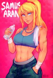 abs bandage beauty_mark belly_button blonde_hair blue_eyes camouflage_pants chain female female_only fit fit_female iahfy looking_at_viewer metroid muscular muscular_female nintendo pink_background pinup ponytail samus_aran smile sports_bra sweat sweaty toned toned_female towel water_bottle watermark