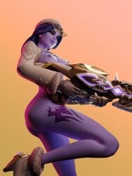 ass breasts convenient_censoring gun hat lookinsmirking_at_viewer open_clothing open_jacket overwatch overwatch_2 purple_skin smirking_at_viewer solid_color_background sunglasses_on_head widowmaker