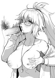 1boy bangs blush breasts censored collarbone etsem fate/grand_order fate_(series) fellatio female glasses grabbing_own_breast highres jacket jeanne_d'arc_(fate) jeanne_d'arc_(fate)_(all) jeanne_d'arc_(swimsuit_archer) large_breasts long_hair male_pubic_hair monochrome mosaic_censoring nipples open_clothes open_jacket open_mouth oral penis ponytail pubic_hair puffy_nipples simple_background solo_focus straight whistle whistle_around_neck white_background