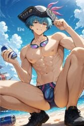 abs ai_generated ai_kira1_1 aqua_hair balls_under_clothes blue_hair brant_(wuthering_waves) bulge gay penis_under_clothes pirate_hat purple_eyes solo speedo swimming_goggles wuthering_waves yaoi