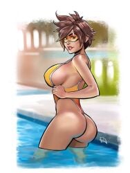 1girls 2025 2d 2d_(artwork) 5_fingers ass big_ass big_breasts bikini blizzard_entertainment breasts brown_hair female light-skinned_female lipstick overwatch penerotic pool short_hair singlet solo swimsuit tracer twitter_link water