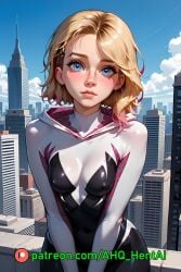 1girls ahq_hentai ai_generated blonde_hair blush bodysuit breasts gwen_stacy gwen_stacy_(spider-verse) medium_breasts on_roof patreon perfect_body spider-man_(series) spider-verse stable_diffusion