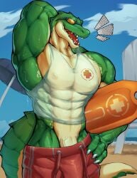 abs absurd_res anthro barazoku biceps big_muscles bodily_fluids claws clothed clothing crocodile crocodilian flexing genitals hi_res league_of_legends male mammal mixterart muscular muscular_anthro muscular_male muscular_thighs nipples partially_clothed pecs penis pool_party_renekton renekton reptile riot_games scales scalie serratus shirt simple_background solo solo_male sweat swimming_trunks swimwear tail tencent topwear triceps vein veiny_muscles veiny_penis