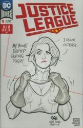 1woman areola big_boobs big_breasts boobs breasts dc_comics frank_cho justice_league lips nipple_bulge power_girl red_lips short_hair_female sketch tight_clothing tight_suit tits