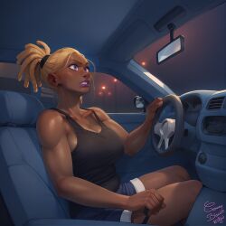 ai_assisted ai_generated blonde_hair breasts car_interior cleavage creamybiscuit dark_skin dark_skinned_female large_breasts lips lipstick muscular muscular_female purple_eyes purple_lips shorts steering_wheel sweat tank_top