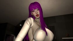 3d 3d_(artwork) apartment breasts crashbanditkut dress ear_piercing earrings eyelashes female female_focus glitter hair lips lipstick long_eyelashes long_hair makeup open_mouth purple_eyes purple_hair purple_nails seductive seductive_eyes seductive_look tattoo tattoo_on_neck tongue tongue_piercing veins virt-a-mate virtamate white_armwear white_dress