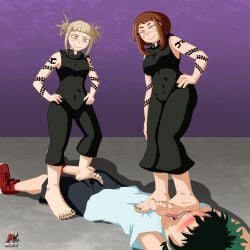 1boy 2girls alternate_costume arlioth barefoot cooperative_footjob cosplay costume denki_anma dominant_female femdom foot_domination foot_fetish foot_lick footjob footjob_over_clothes himiko_toga humiliation izuku_midoriya medusa_gorgon my_hero_academia nail_polish ochako_uraraka on_back possessed possession soul_eater standing standing_footjob stepped_on stepping_on_penis submissive_male tattoo teamwork toenail_polish trample trampling yellow_eyes