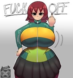 1girls big_breasts breasts busty clothing cross_samax dialogue female female_only freckles huge_breasts kim_pine large_breasts middle_finger png red_hair scott_pilgrim short_hair solo talking_to_viewer text thick_thighs wide_hips