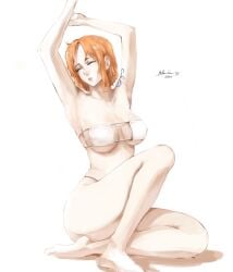 arm_tattoo armpits arms_up bikini bon_drawr breasts closed_eyes clothing female female_only legs nami nami_(one_piece) one_piece orange_hair pre-timeskip stretching tattoo white_bikini white_swimsuit