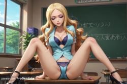 , 1girls ai_generated assassination_classroom black_footwear blonde_hair blue_bra blue_panties bow bow_bra bow_panties bra breasts cameltoe chalkboard classroom cleavage closed_eyes closed_mouth collarbone desk eyeshadow hi_res high_heels indoors irina_jelavic large_breasts long_hair makeup nail_polish no_pants on_desk panties patreon_username plant progenarts school_desk shirt sitting solo spread_legs underwear wavy_hair web_address window