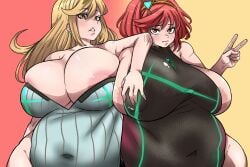 2girls areola_slip bbw chubby chubby_female cleavage darksideb duo female female_only gigantic_breasts huge_breasts mythra overweight overweight_female pyra revealing_clothes skindentation tight_clothing xenoblade_(series)